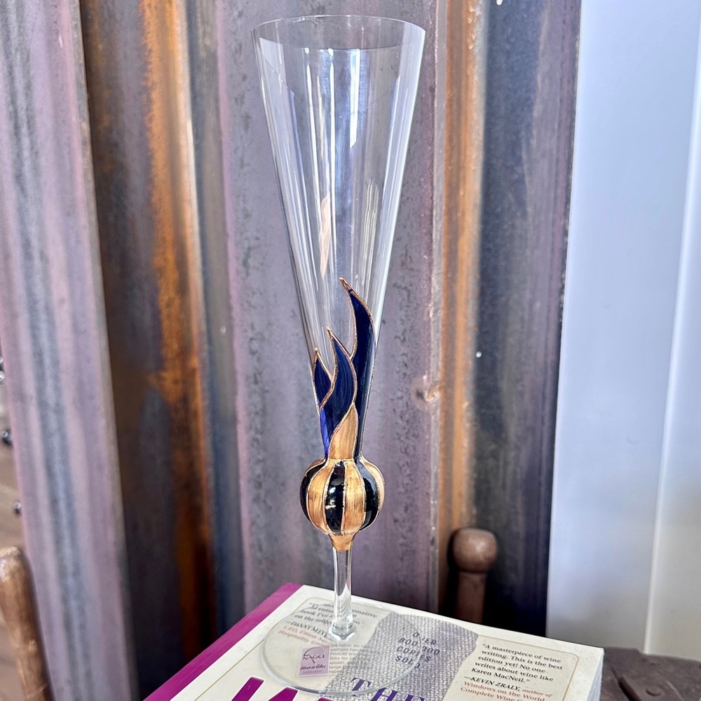 🍾Vintage Nagel Germany Handmade Harlequin Champagne Flute w/Gold Blue Motif🥂